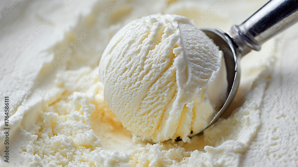 Eiskugel aus Vanilleeis, die mit einem Eisportionierer aus einem Eisbehälter genommen wird