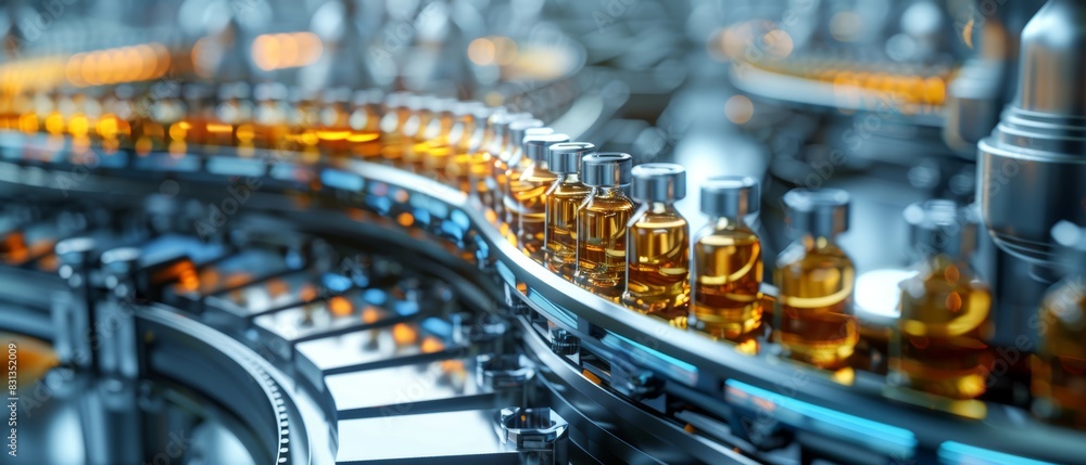 Pharmazeutische Fläschchen auf einem Förderband in der Produktion