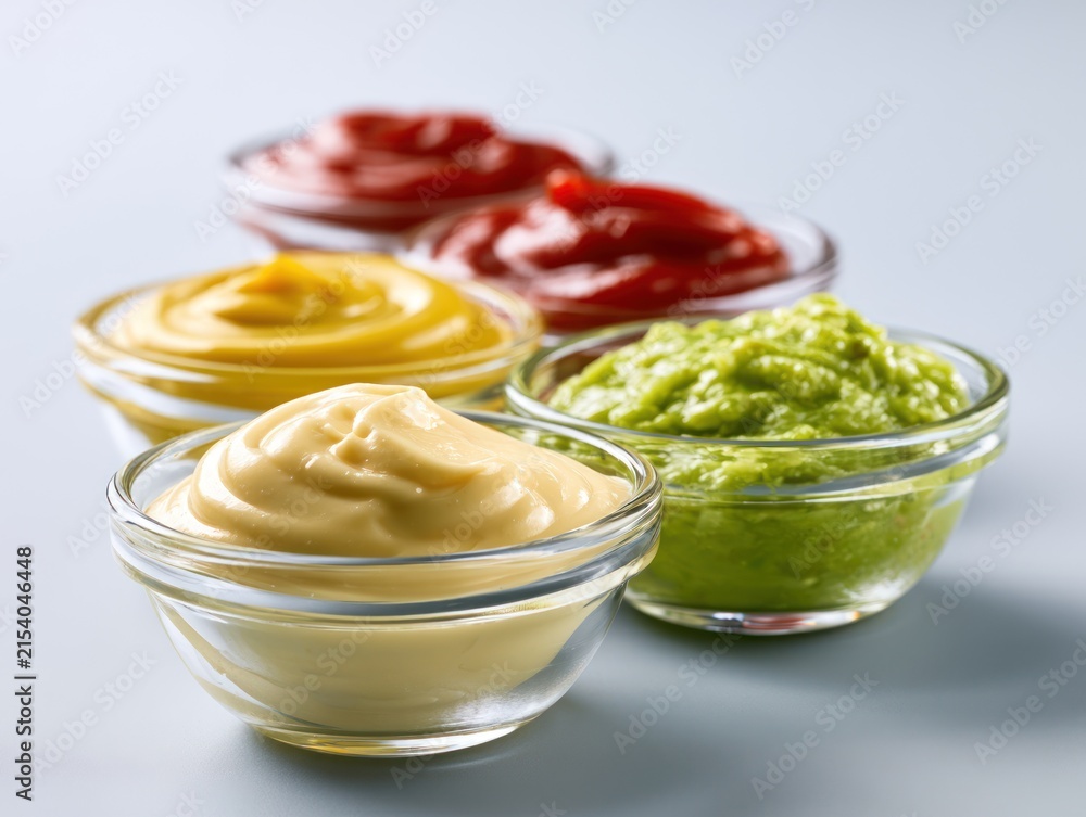 Glasschälchen mit Senf, Ketchup, Mayonnaise und Guacamole