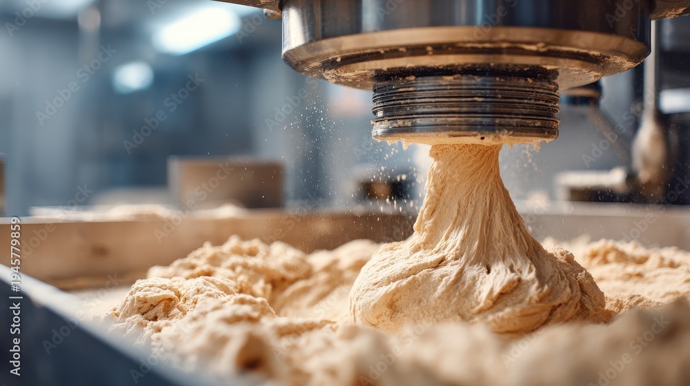 Nahaufnahme von Teig, der aus einer industriellen Verarbeitungsmaschine kommt